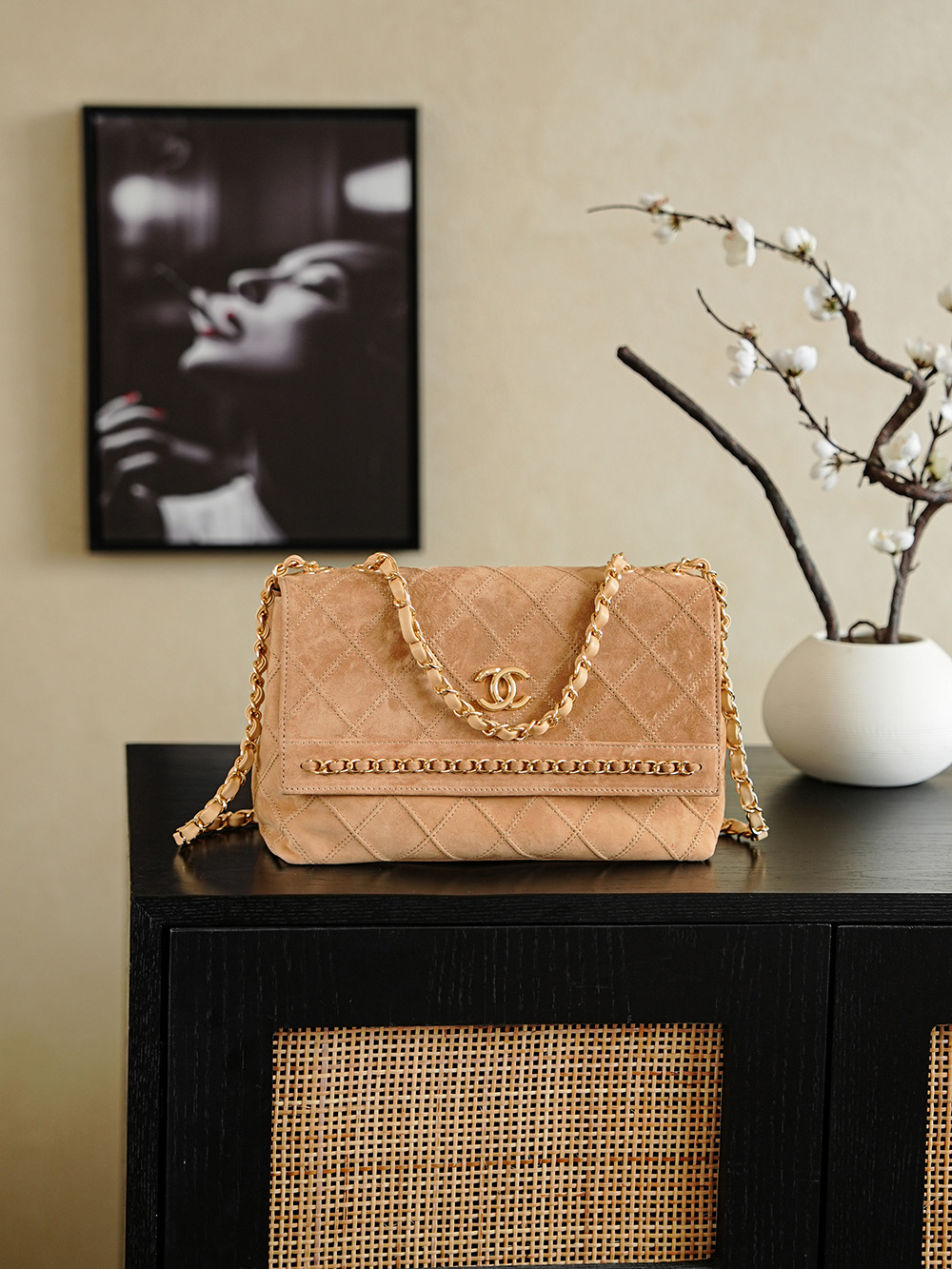 Chanel Camel Suede Chain-Edged Classic Flap Bag