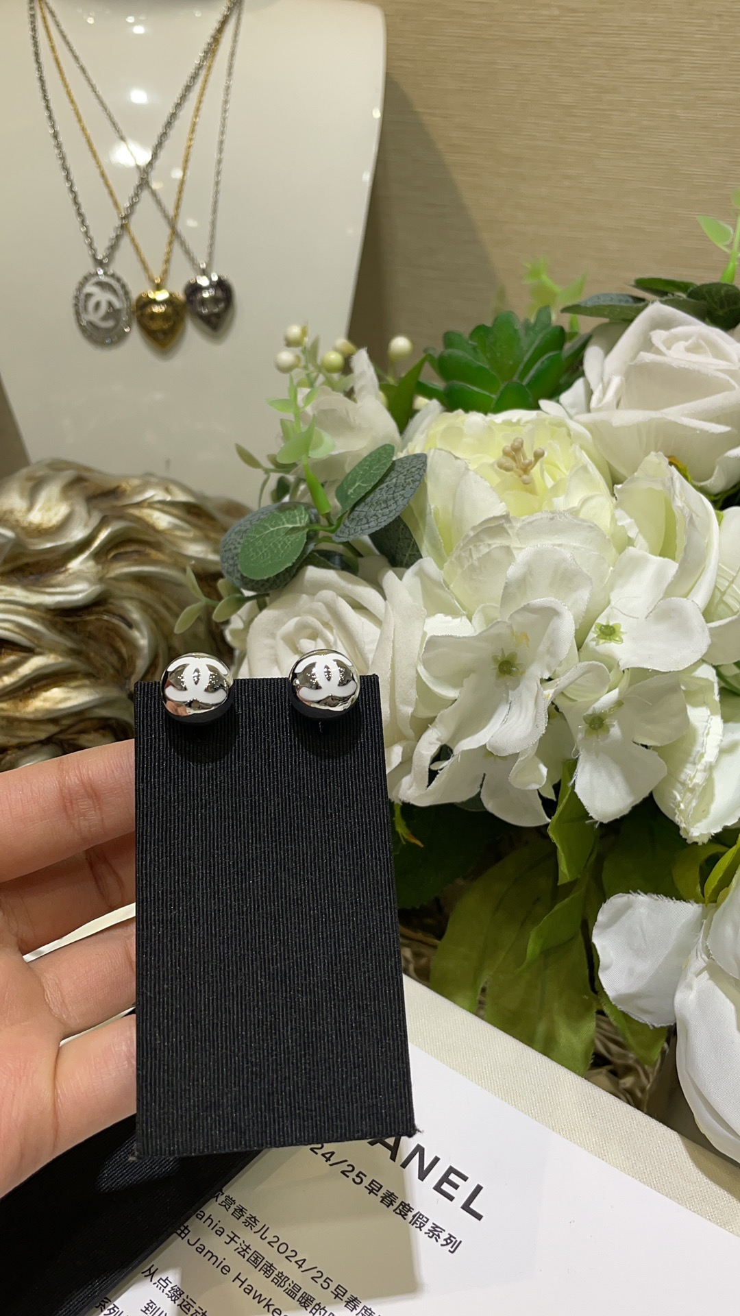 Chanel 25C White Enamel Sphere Button Silver Earrings