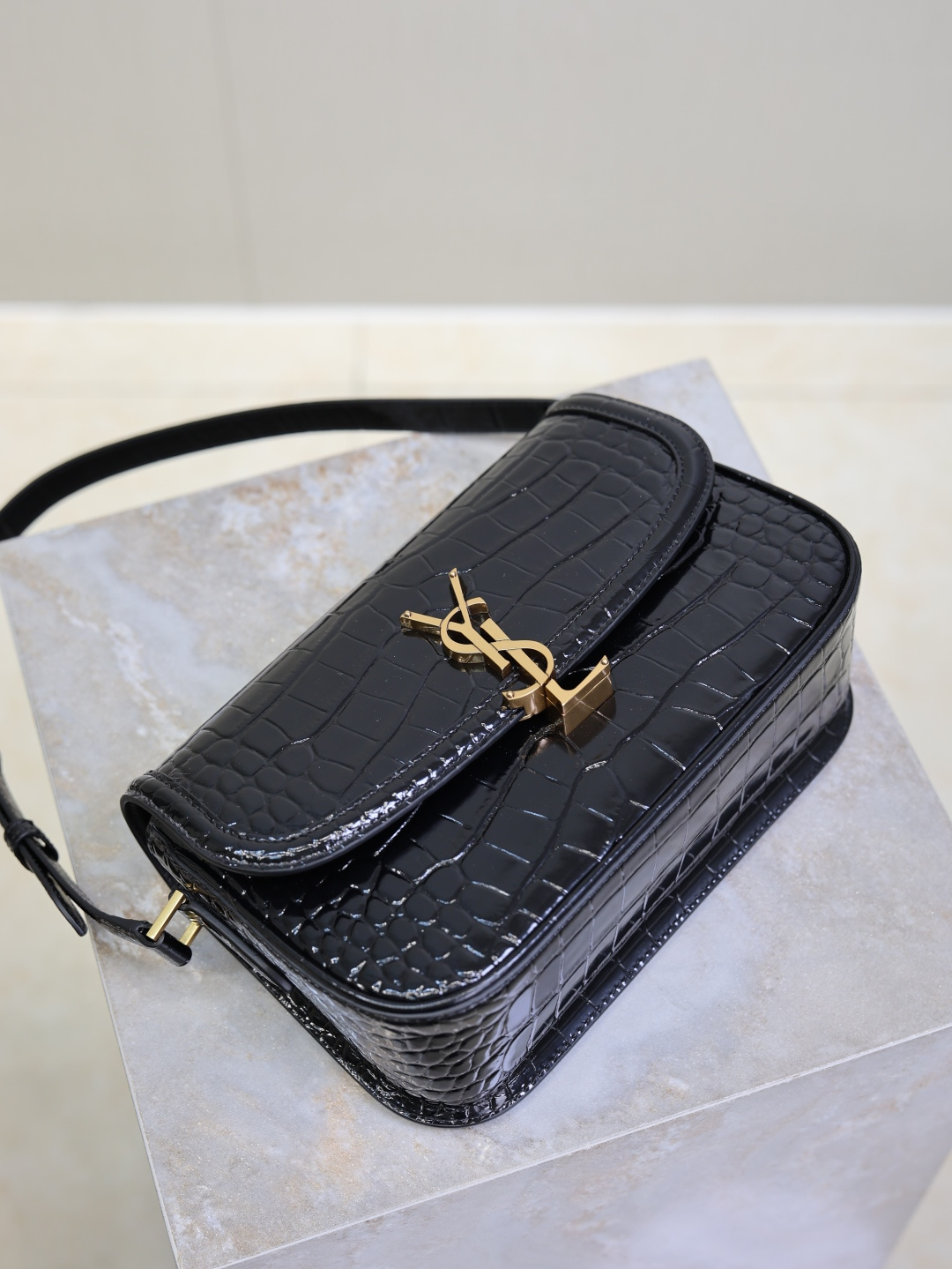 Saint Laurent Black Crocodile-Embossed Leather Solferino Box Bag