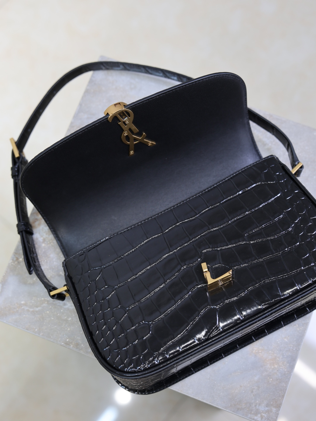 Saint Laurent Black Crocodile-Embossed Leather Solferino Box Bag