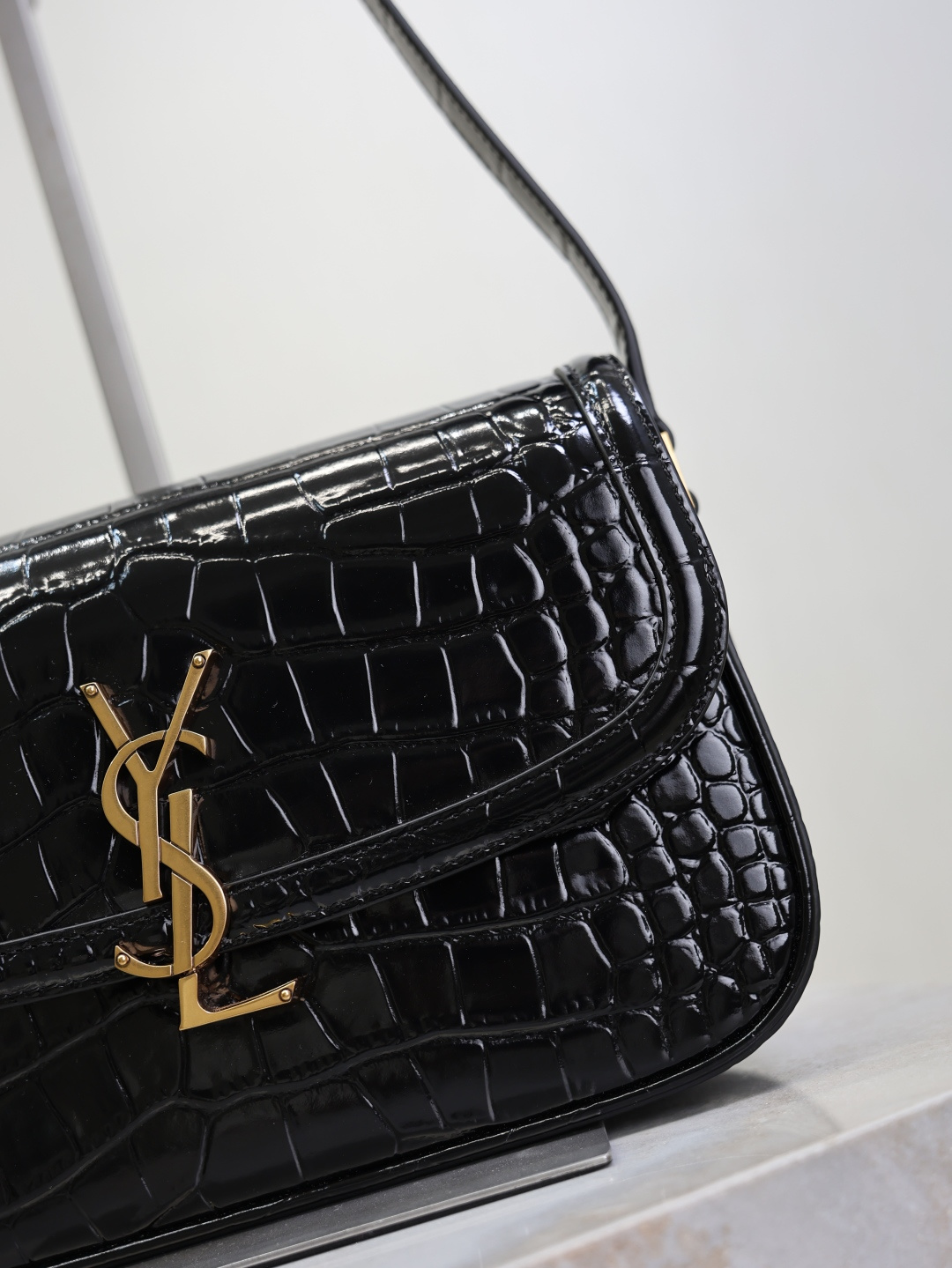 Saint Laurent Black Crocodile-Embossed Leather Solferino Box Bag