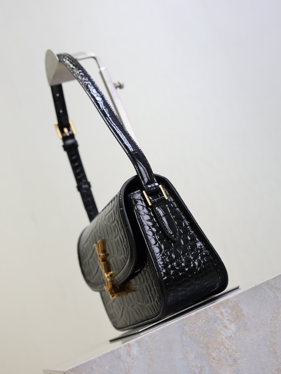 Saint Laurent Black Crocodile-Embossed Leather Solferino Box Bag