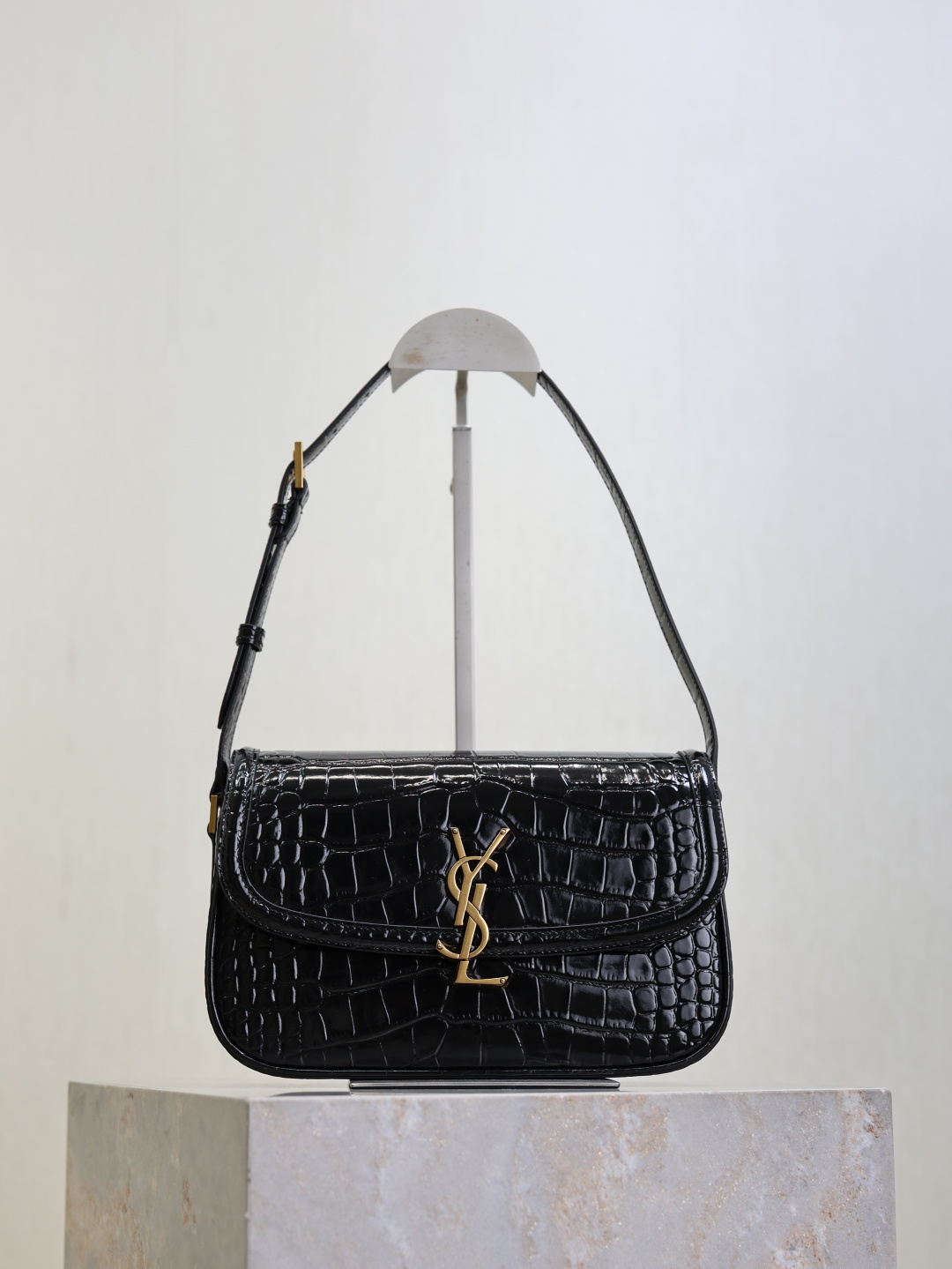 Saint Laurent Black Crocodile-Embossed Leather Solferino Box Bag