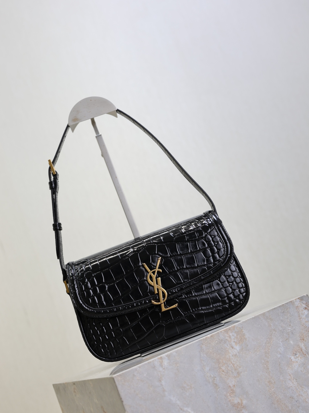 Saint Laurent Black Crocodile-Embossed Leather Solferino Box Bag