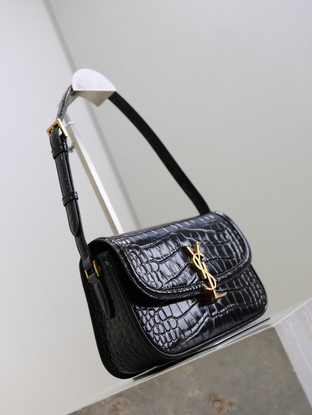 Saint Laurent Black Crocodile-Embossed Leather Solferino Box Bag
