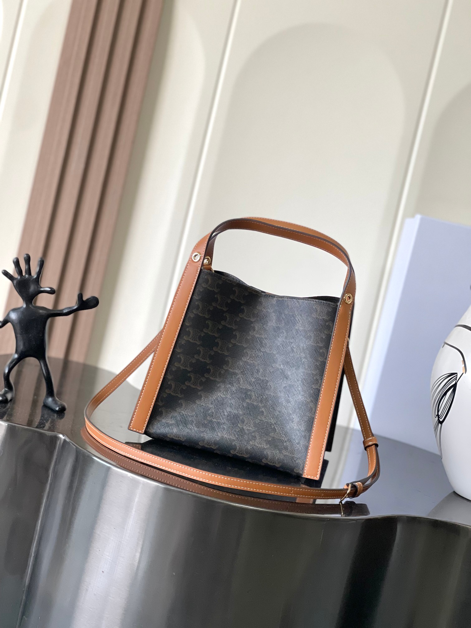 CELINE SMALL CUBE BAG IN Triomphe Canvas and NATURAL Calfskin