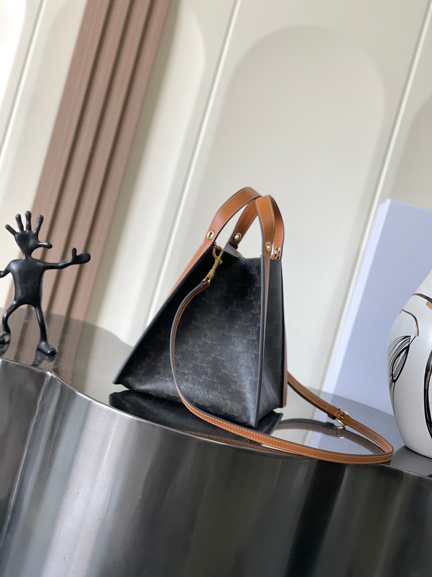 CELINE SMALL CUBE BAG IN Triomphe Canvas and NATURAL Calfskin