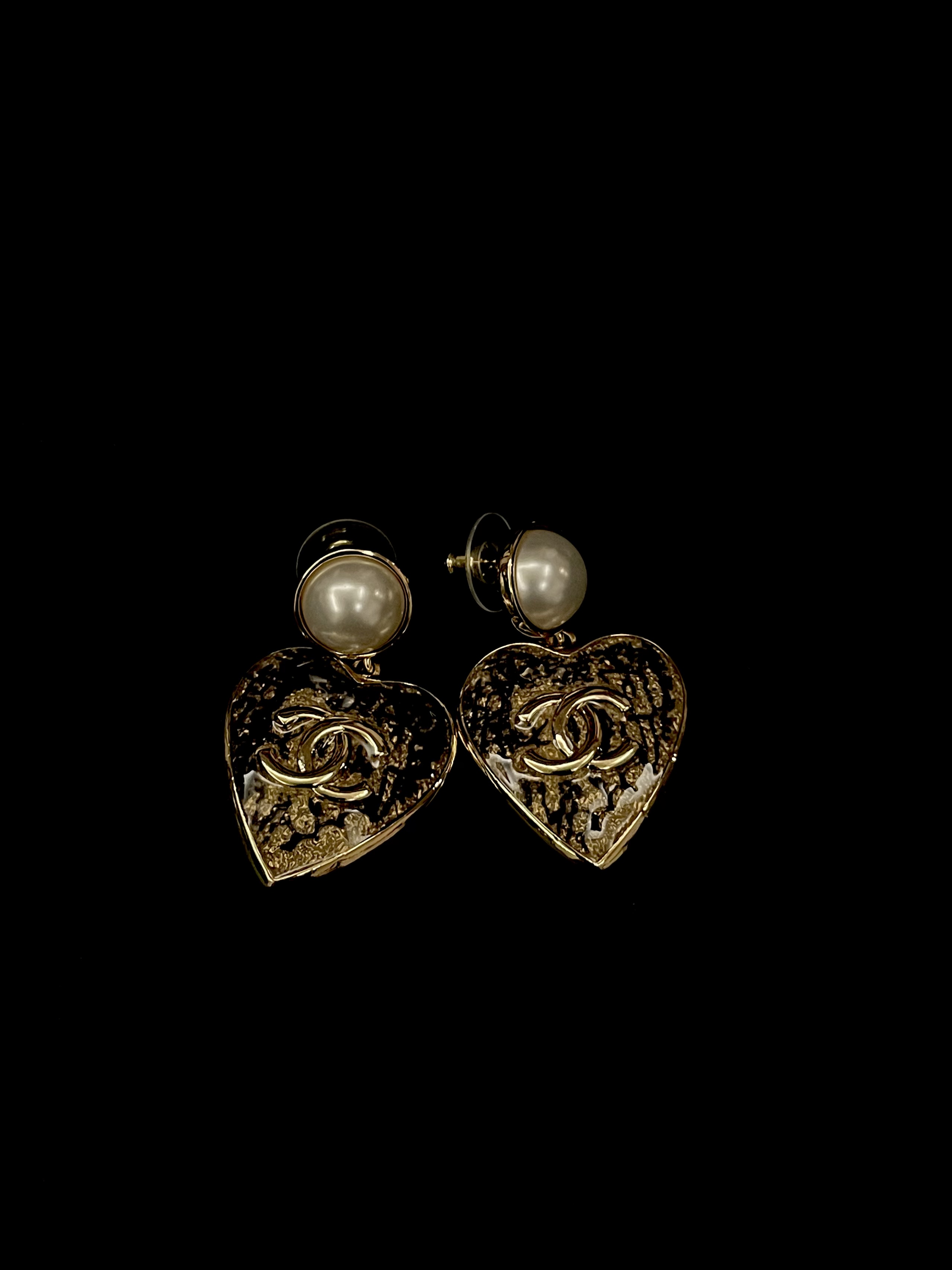 Chanel Black & Gold Lace Heart Pearl Earrings