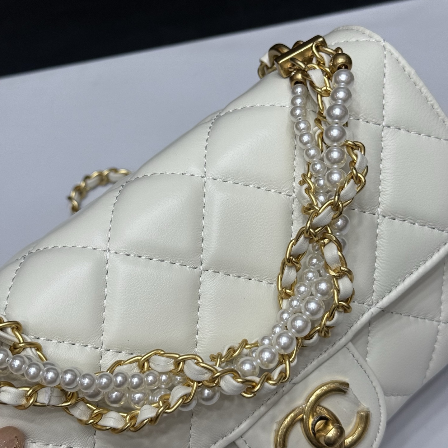 Chanel Pearls & Gold-Tone Metal  Ecru Mini Flap Bag