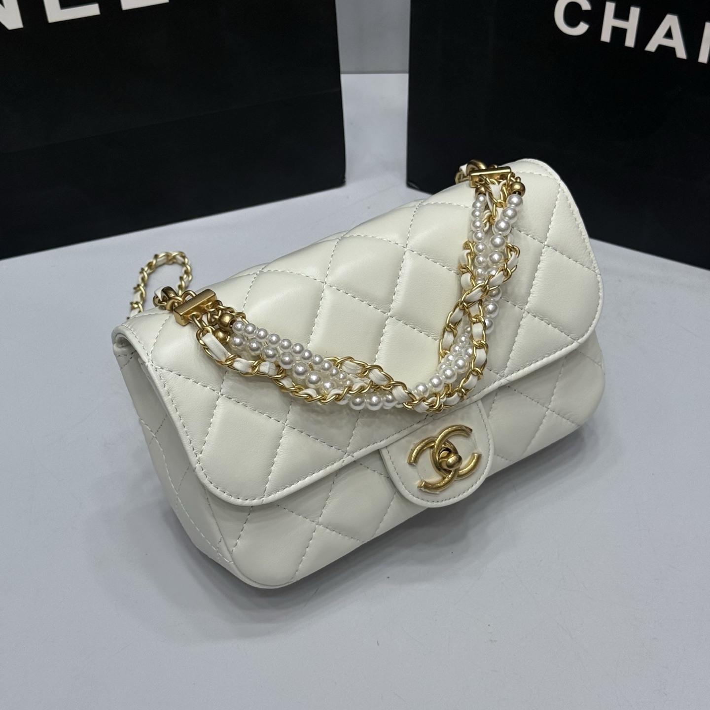 Chanel Pearls & Gold-Tone Metal  Ecru Mini Flap Bag