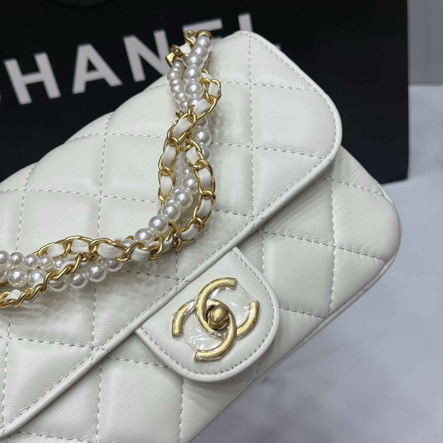 Chanel Pearls & Gold-Tone Metal  Ecru Mini Flap Bag