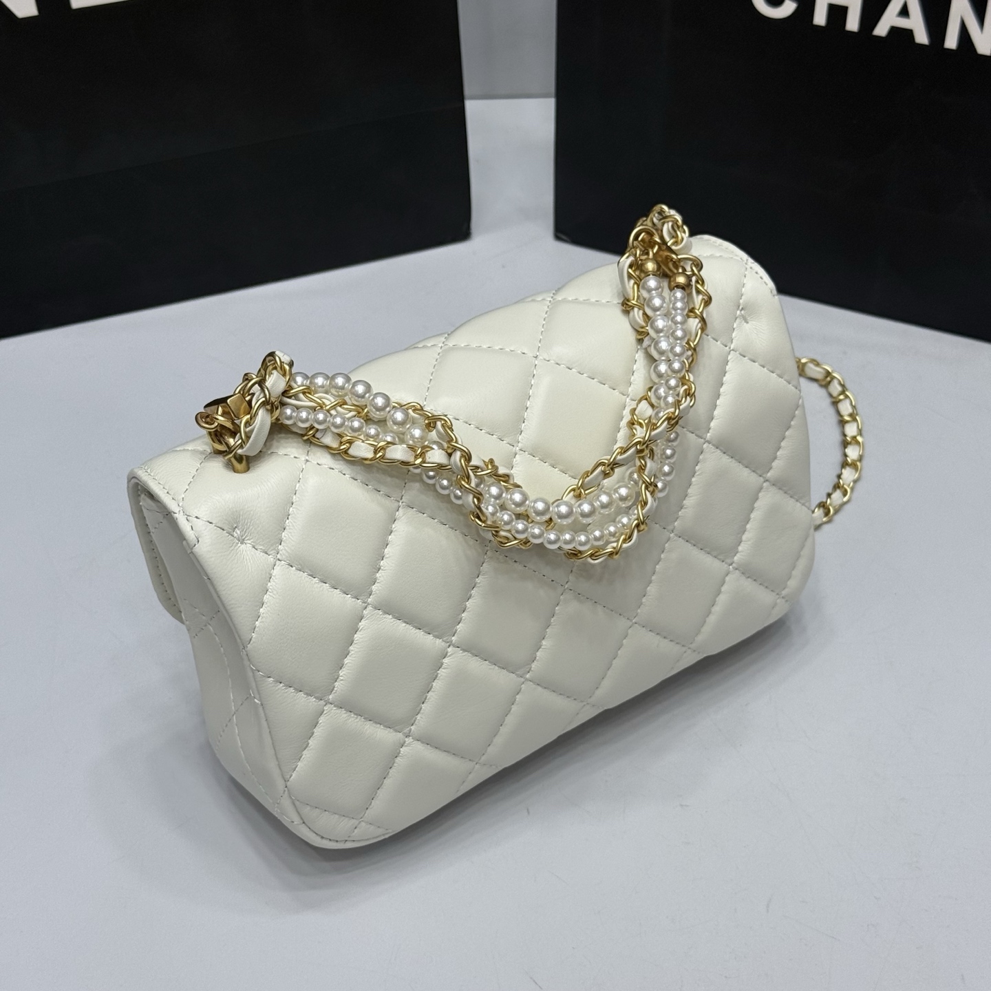 Chanel Pearls & Gold-Tone Metal  Ecru Mini Flap Bag