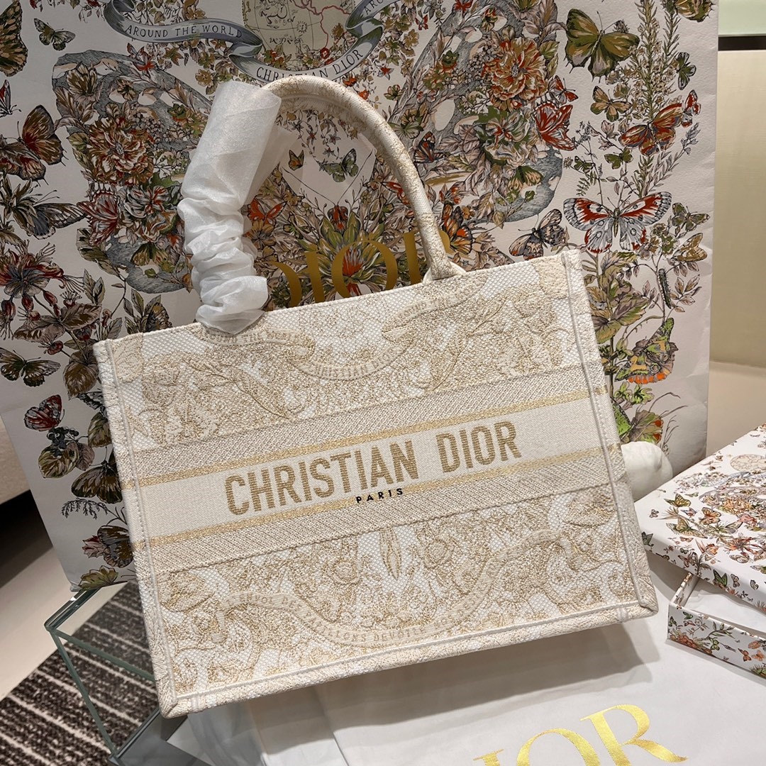Dior Limited Edition Book Tote – Garden Embroidery in Champagne Gold & Ivory