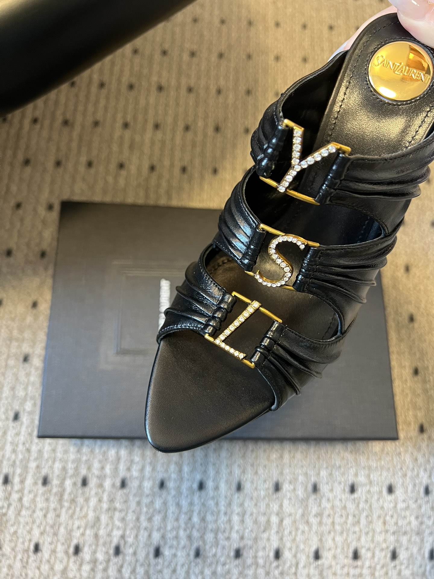 Saint Laurent 26SS Pointed-Toe Ruched Lace-Up Mule Heels