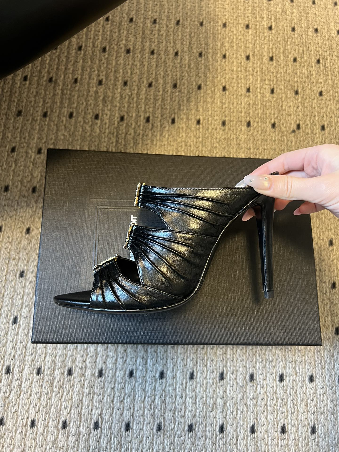 Saint Laurent 26SS Pointed-Toe Ruched Lace-Up Mule Heels