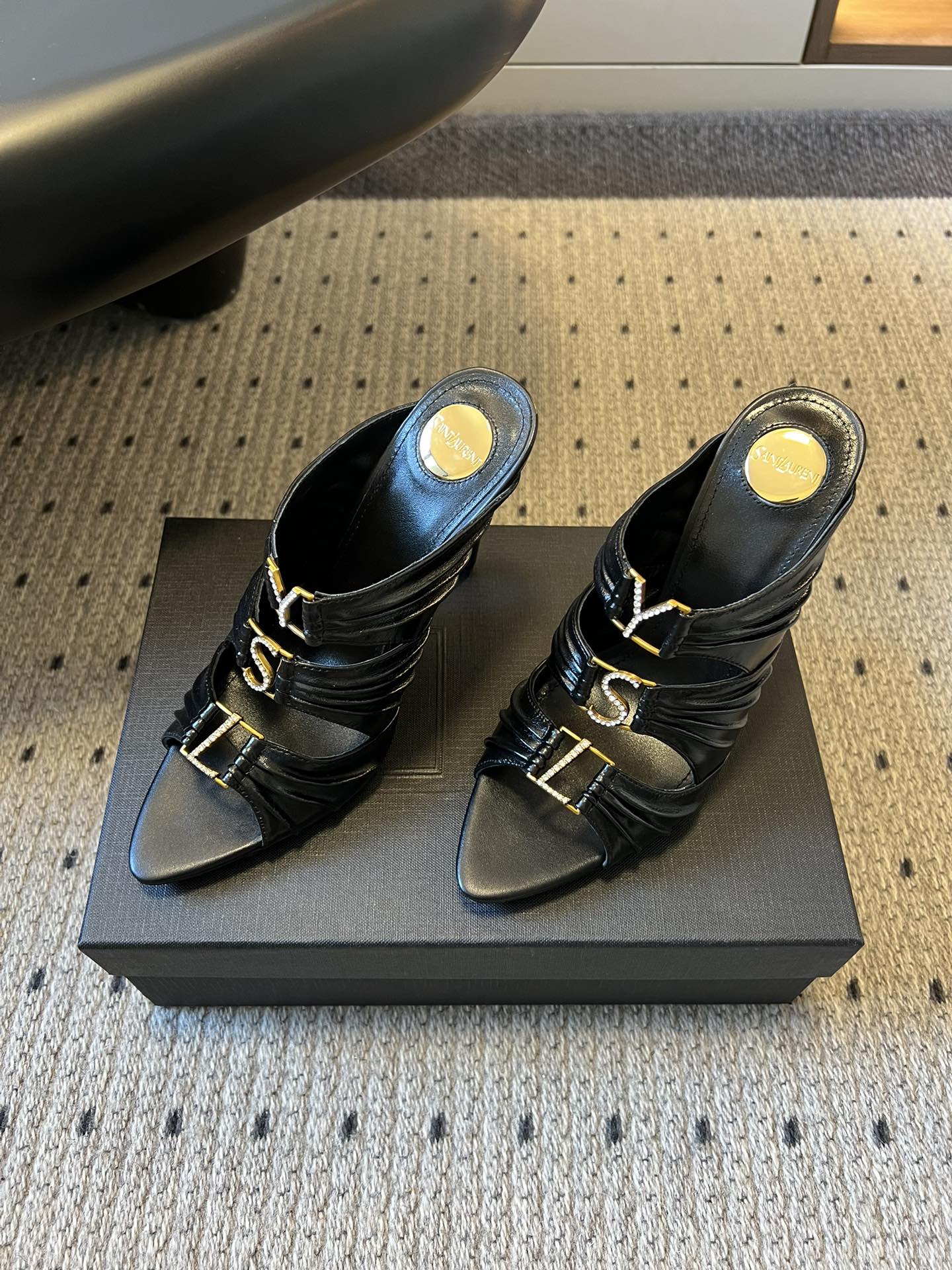 Saint Laurent 26SS Pointed-Toe Ruched Lace-Up Mule Heels