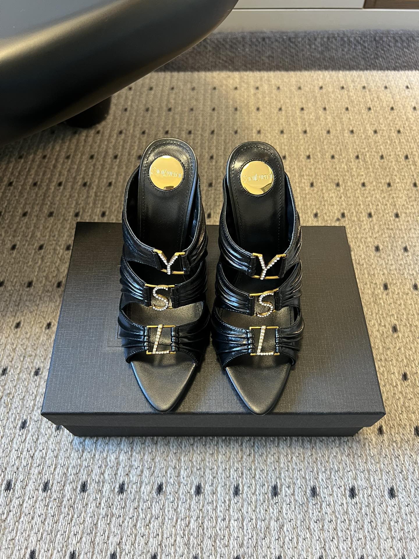 Saint Laurent 26SS Pointed-Toe Ruched Lace-Up Mule Heels