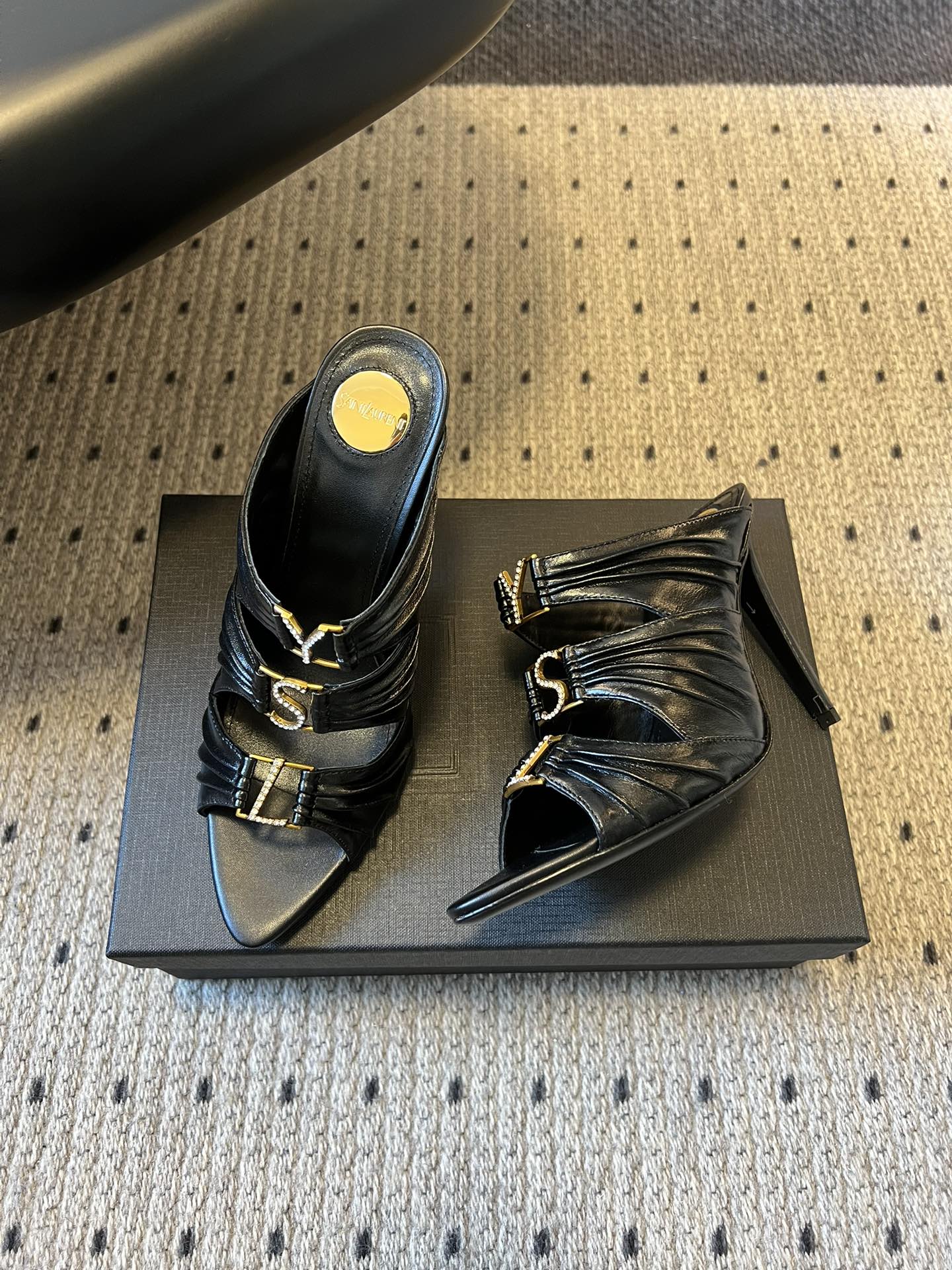 Saint Laurent 26SS Pointed-Toe Ruched Lace-Up Mule Heels