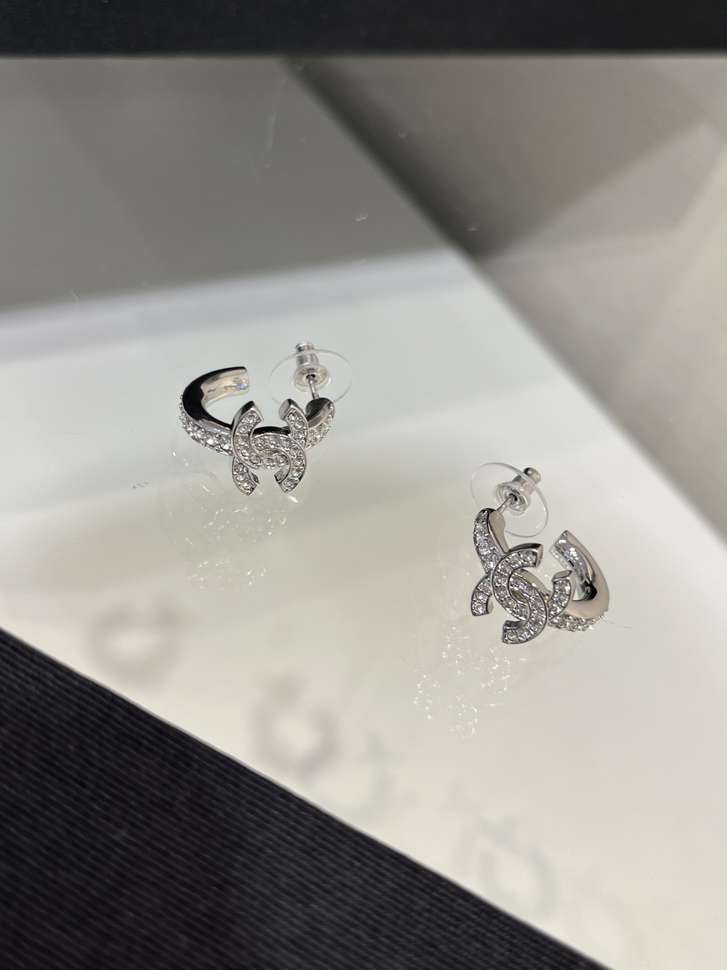 CHANEL 25S Silver Full Crystal Hoop Earrings