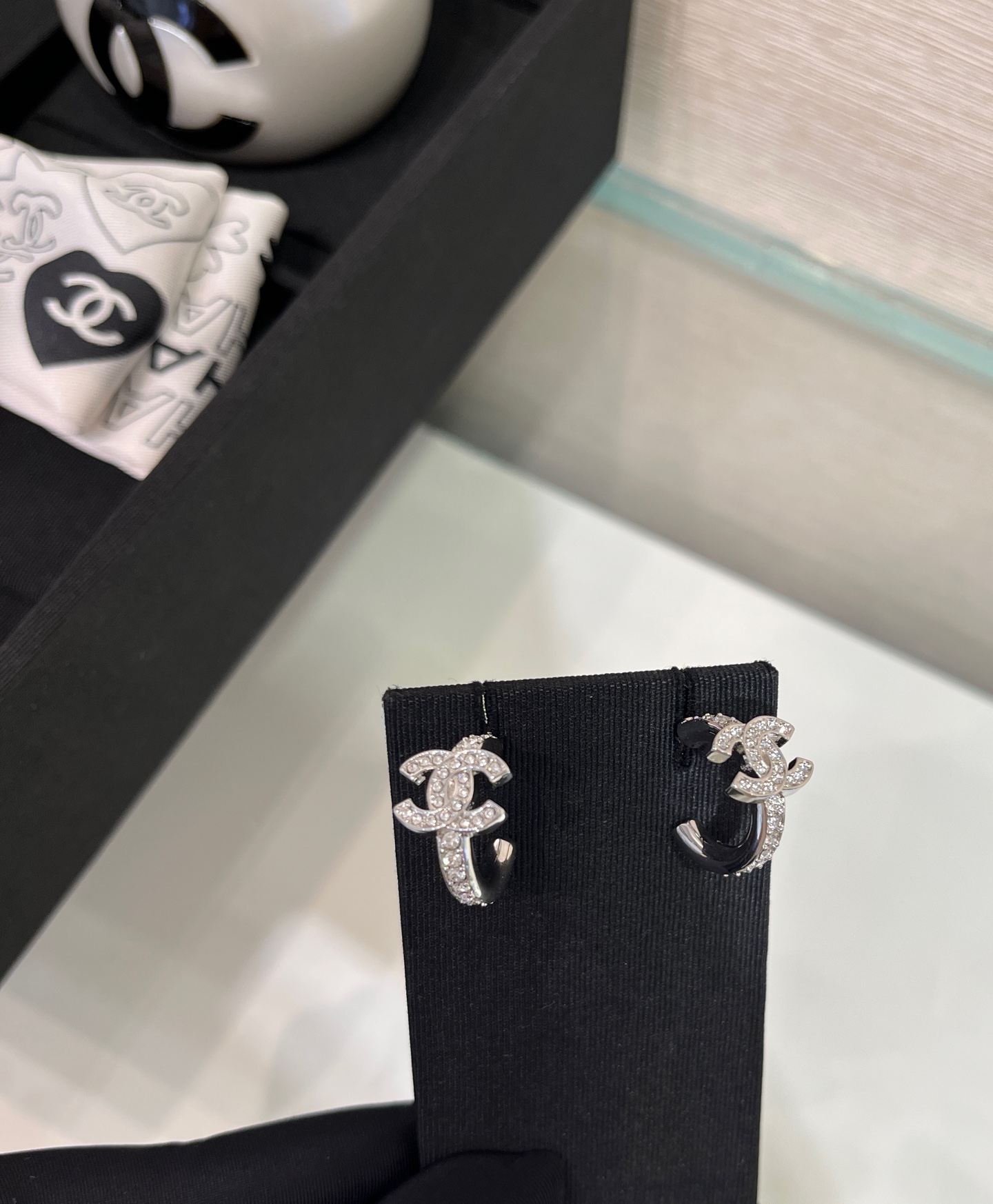 CHANEL 25S Silver Full Crystal Hoop Earrings