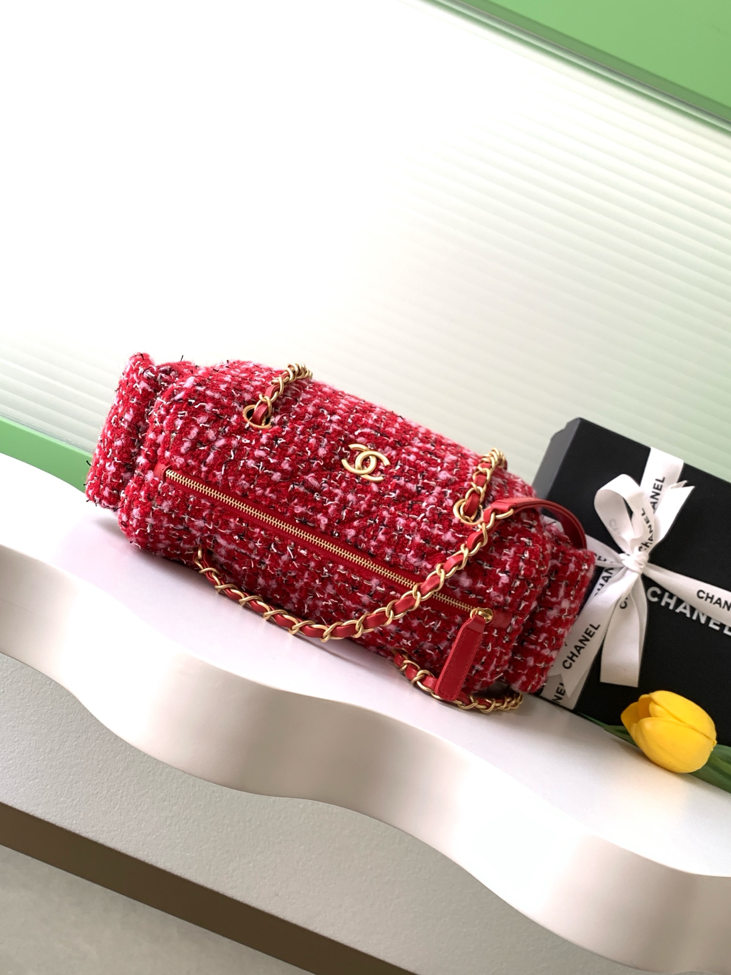 Chanel Red Fabric Bowling Bag