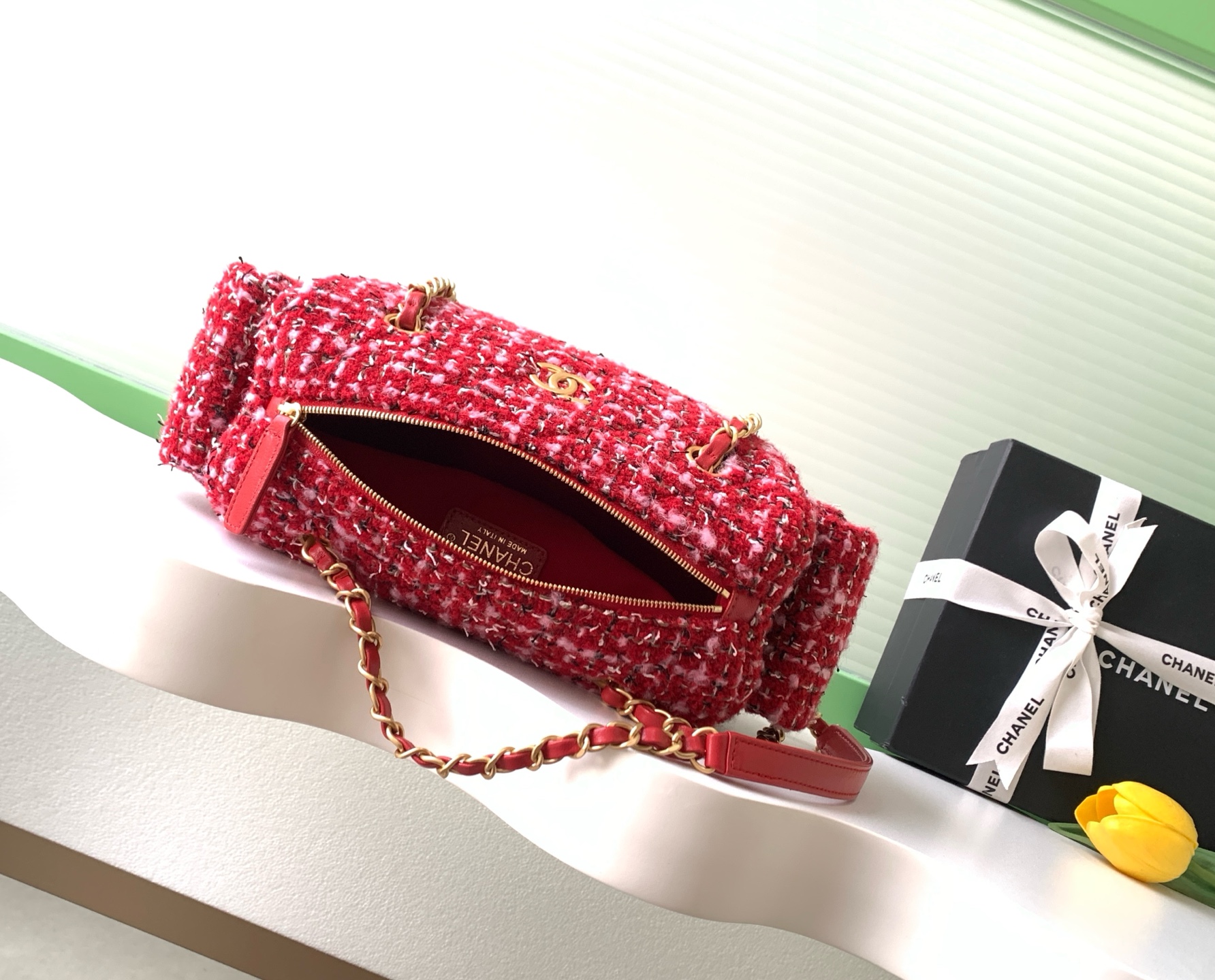 Chanel Red Fabric Bowling Bag
