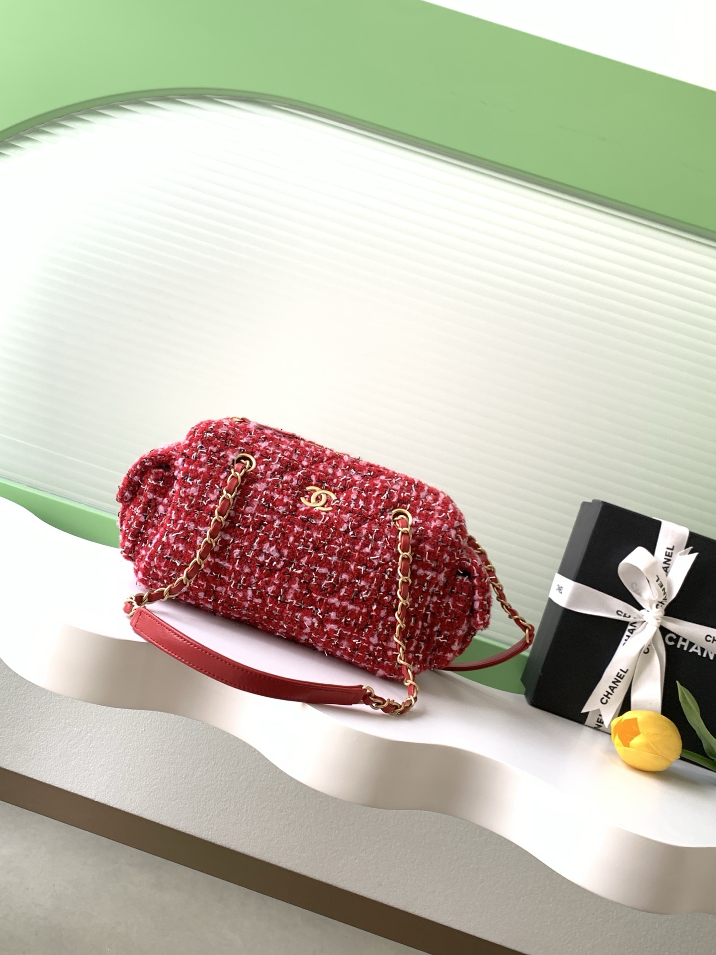 Chanel Red Fabric Bowling Bag