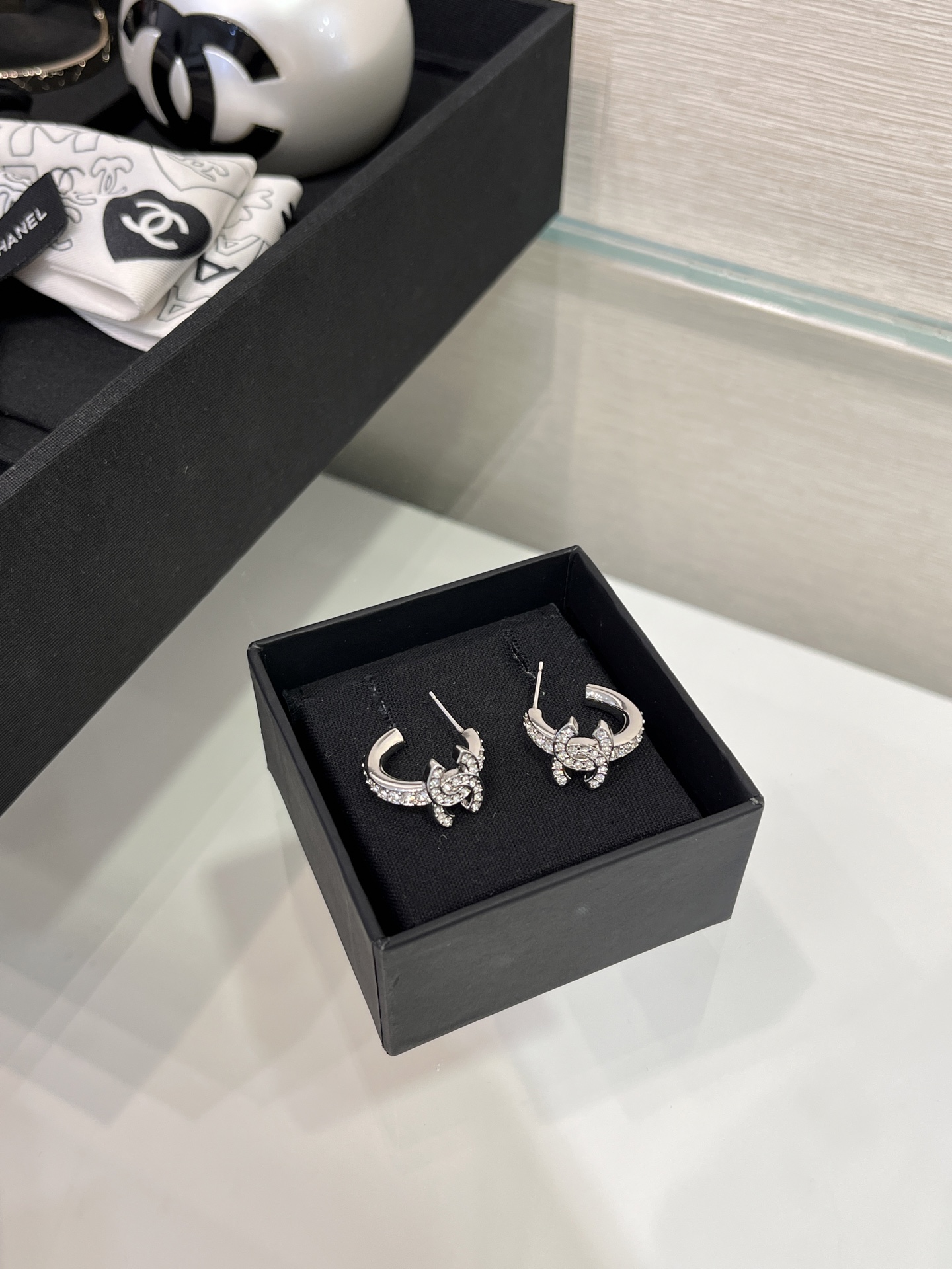 CHANEL 25S Silver Full Crystal Hoop Earrings