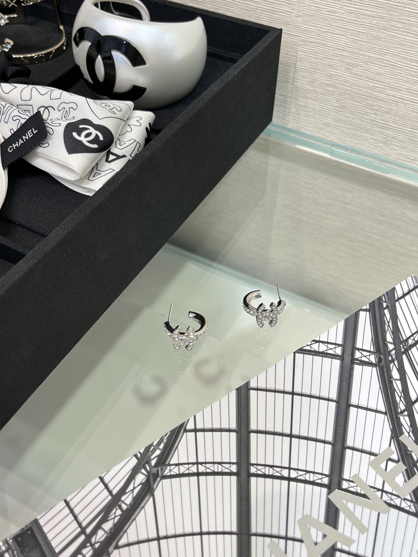 CHANEL 25S Silver Full Crystal Hoop Earrings