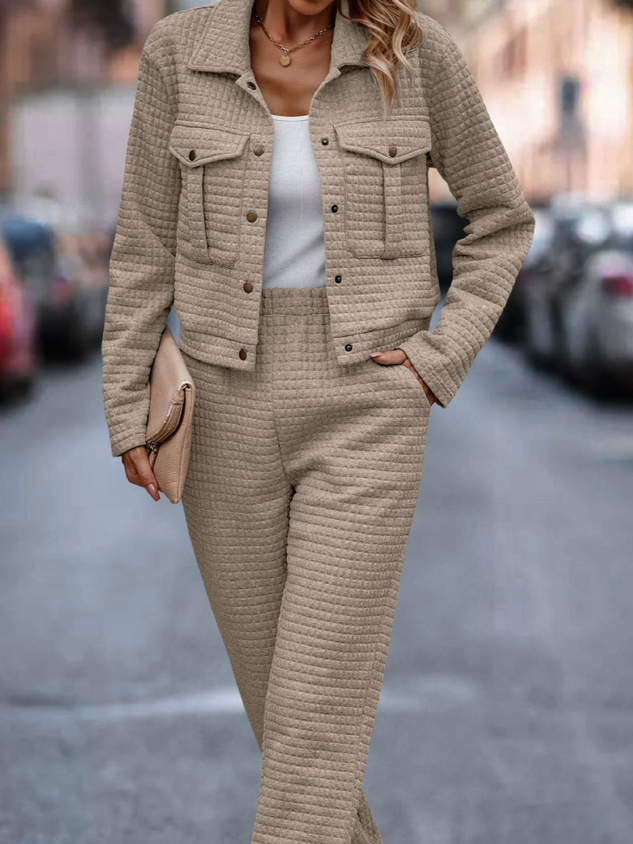 Women Plain Shawl Collar Long Sleeve Comfy Casual Coat With Pants Two-Piece Set