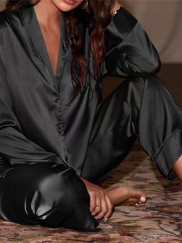 Women's Pajamas Sets Pure Color Simple Casual Comfort Home Daily Bed Satin Breathable V Wire Long Sleeve Shirt Pant Button Fall Winter Black Champagne