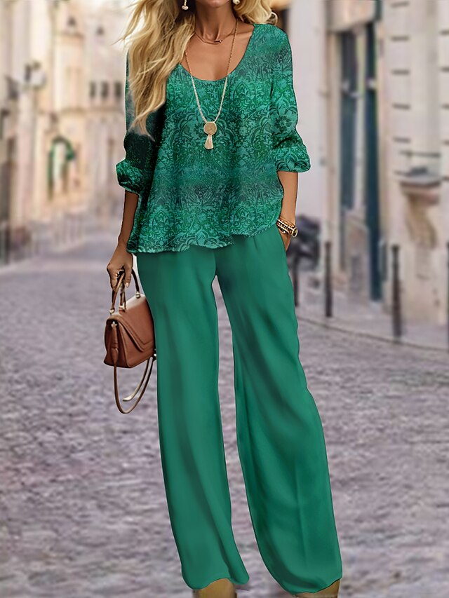 Women's Shirt Pants Sets Red Blue Brown Graphic Print Long Sleeve Casual Daily Fashion Round Neck Regular Fit Spring & Fall
