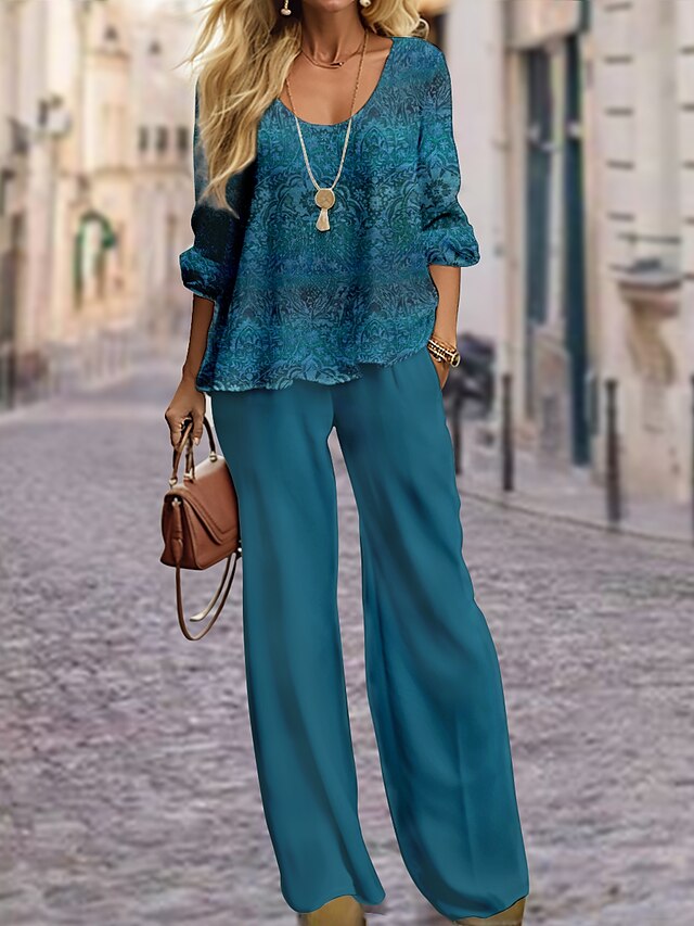 Women's Shirt Pants Sets Red Blue Brown Graphic Print Long Sleeve Casual Daily Fashion Round Neck Regular Fit Spring & Fall