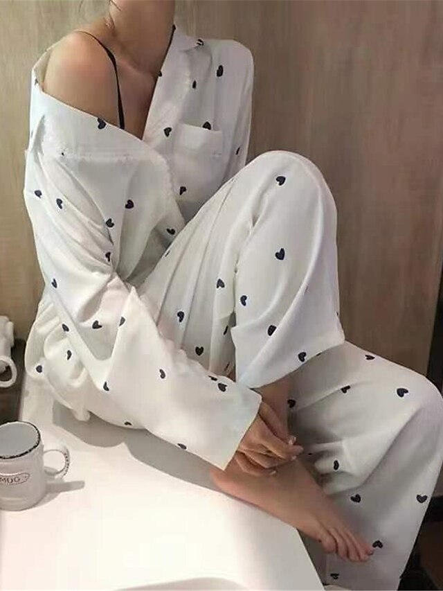 Women's Pajamas Sets Heart Casual Comfort Home Bed Polyester Breathable Lapel Long Sleeve Shirt Pant Pocket Fall Winter White