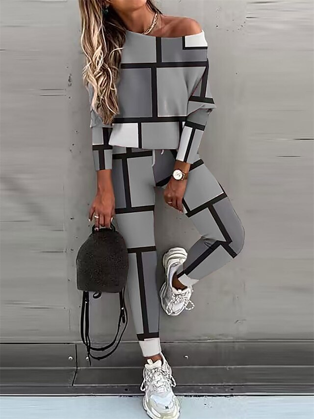 Women's Pajamas Sets Grid / Plaid Fashion Casual Comfort Home Daily Bed Polyester Breathable Crew Neck Long Sleeve Pullover Pant Fall Winter Pink Blue