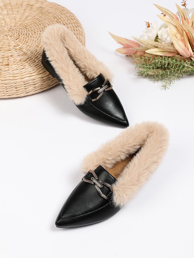 Women Metal Decor Commuting Furry Synthetic Leather Loafers