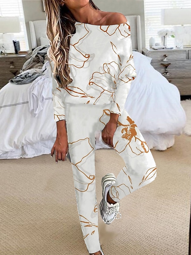 Women's Sweatsuits Floral Pattern Lounge Sets Flower Sport Comfort Home Street Vacation Polyester Crew Neck Long Pant Pullover Fall Winter Black White