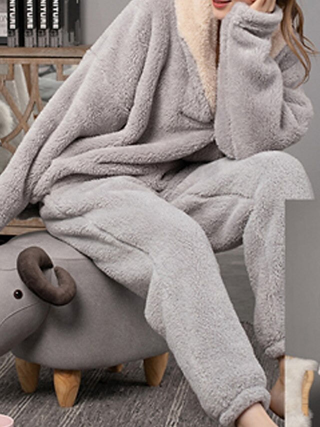 Women's Loungewear Sets Pure Color Plush Casual Comfort Home Daily Going out Fleece Warm Hoodie Long Sleeve Pant Fall Winter Gray