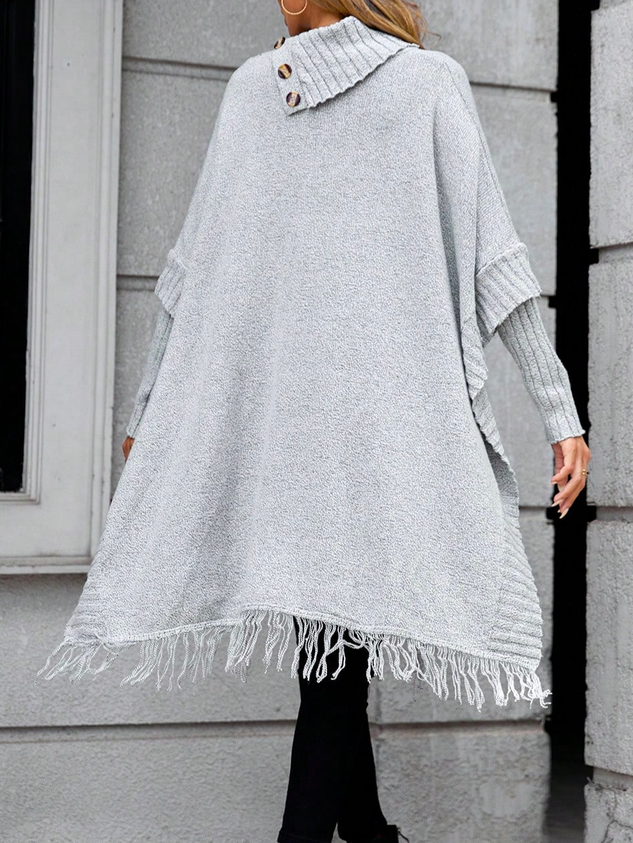 Turtleneck Casual Turtleneck Batwing Sleeve Fringe Hem Sweater
