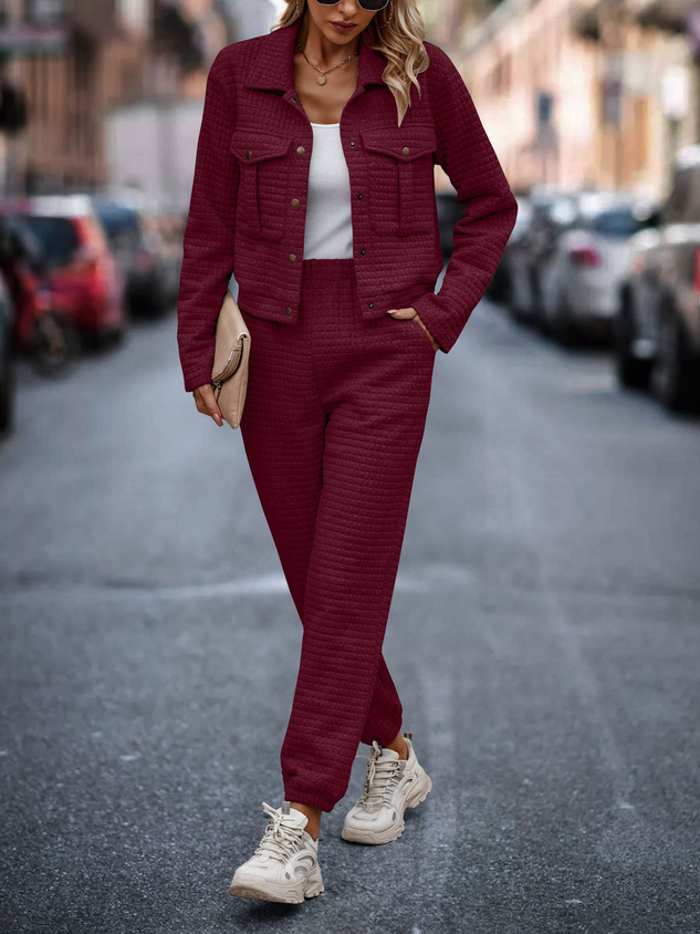 Women Plain Shawl Collar Long Sleeve Comfy Casual Coat With Pants Two-Piece Set