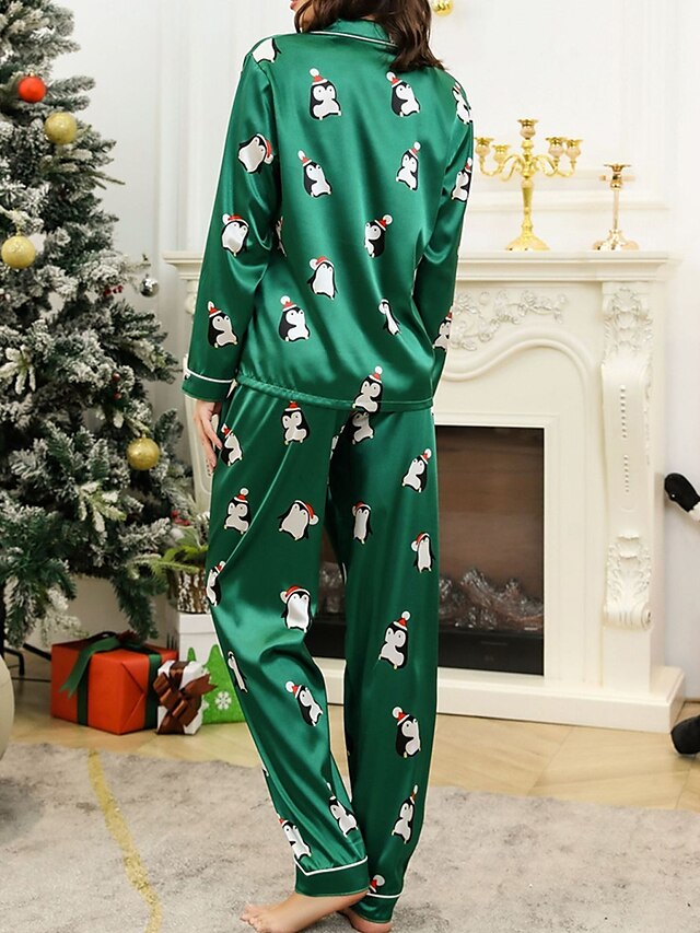Women's Pajamas Sets Animal Penguin Simple Casual Comfort Home Daily Bed Satin Breathable Lapel Long Sleeve Shirt Pant Button Pocket Fall Winter Green