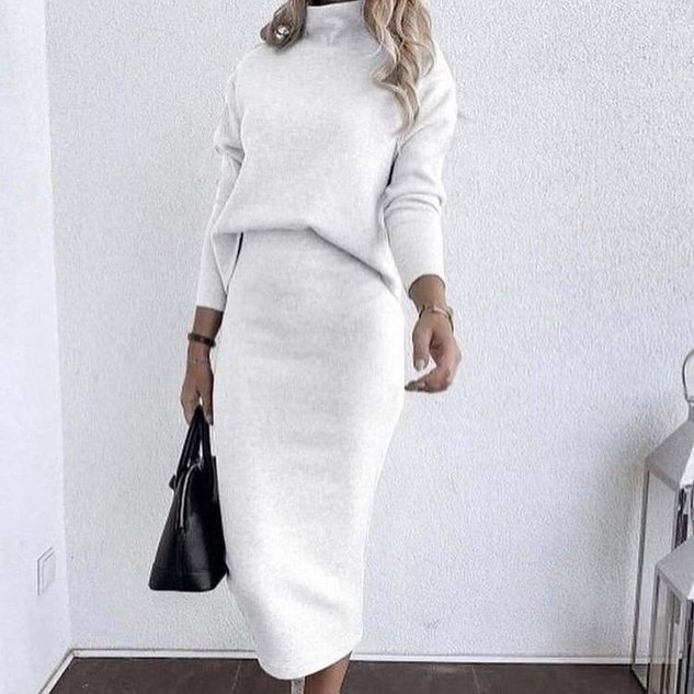 Women Plain Turtleneck Long Sleeve Comfy Casual Top With Skirt Two-Piece Set