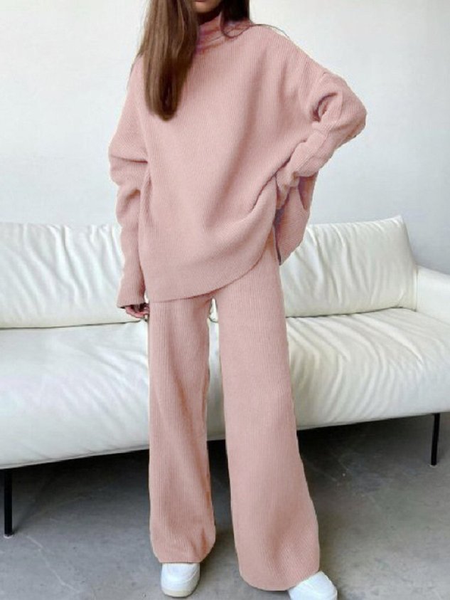 Women Plain Turtleneck Long Sleeve Comfy Casual Top With Pants Two-Piece Set