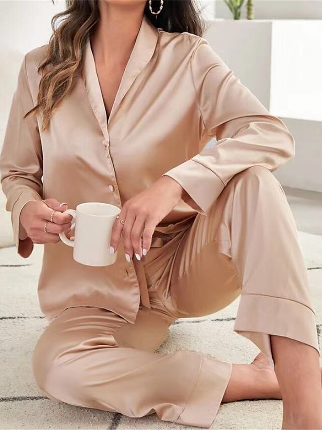 Women's Pajamas Sets Pure Color Simple Casual Comfort Home Daily Bed Satin Breathable V Wire Long Sleeve Shirt Pant Button Fall Winter Black Champagne