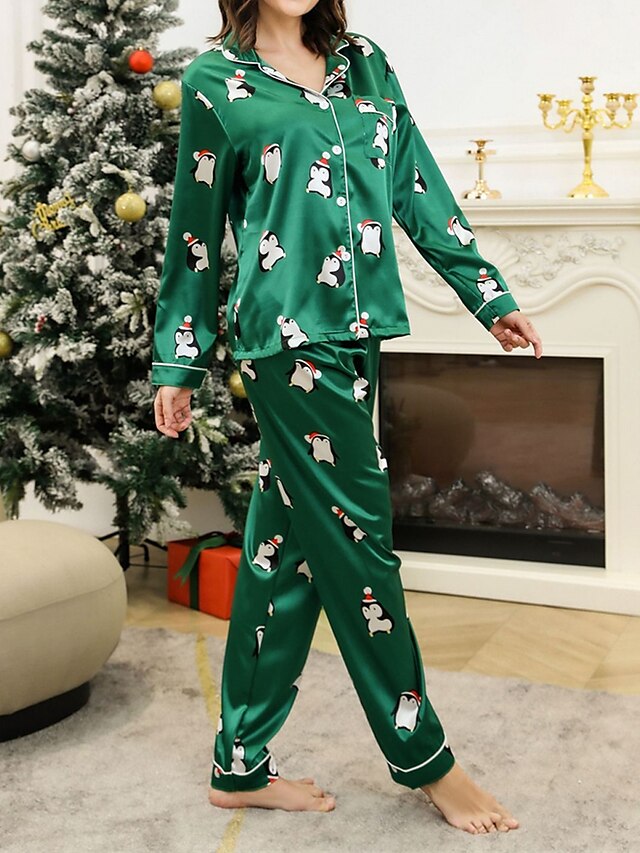 Women's Pajamas Sets Animal Penguin Simple Casual Comfort Home Daily Bed Satin Breathable Lapel Long Sleeve Shirt Pant Button Pocket Fall Winter Green