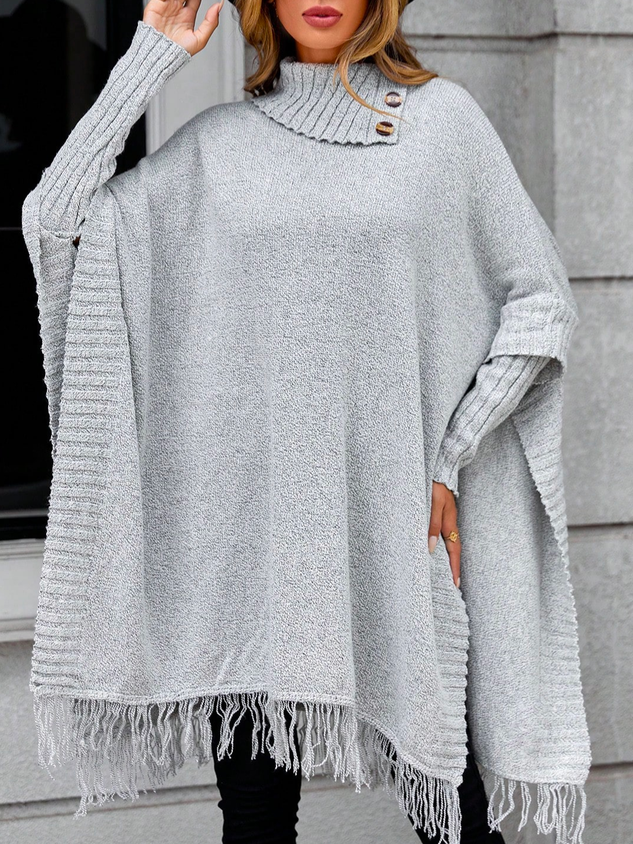 Turtleneck Casual Turtleneck Batwing Sleeve Fringe Hem Sweater