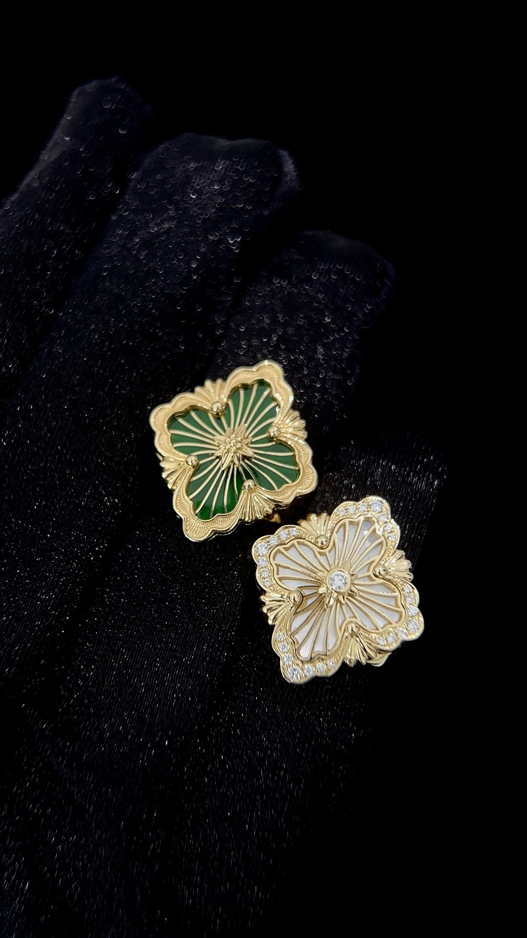 Buccellati Green Enamel Ring & White Mother-of-Pearl Pavé Diamond Ring