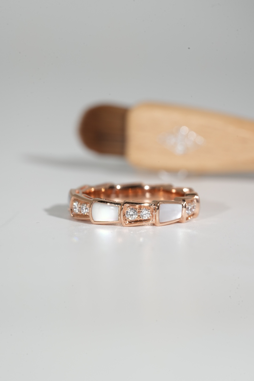 BVLGARI Mother-of-Pearl Snake-Bone Ring with Diamond Accents