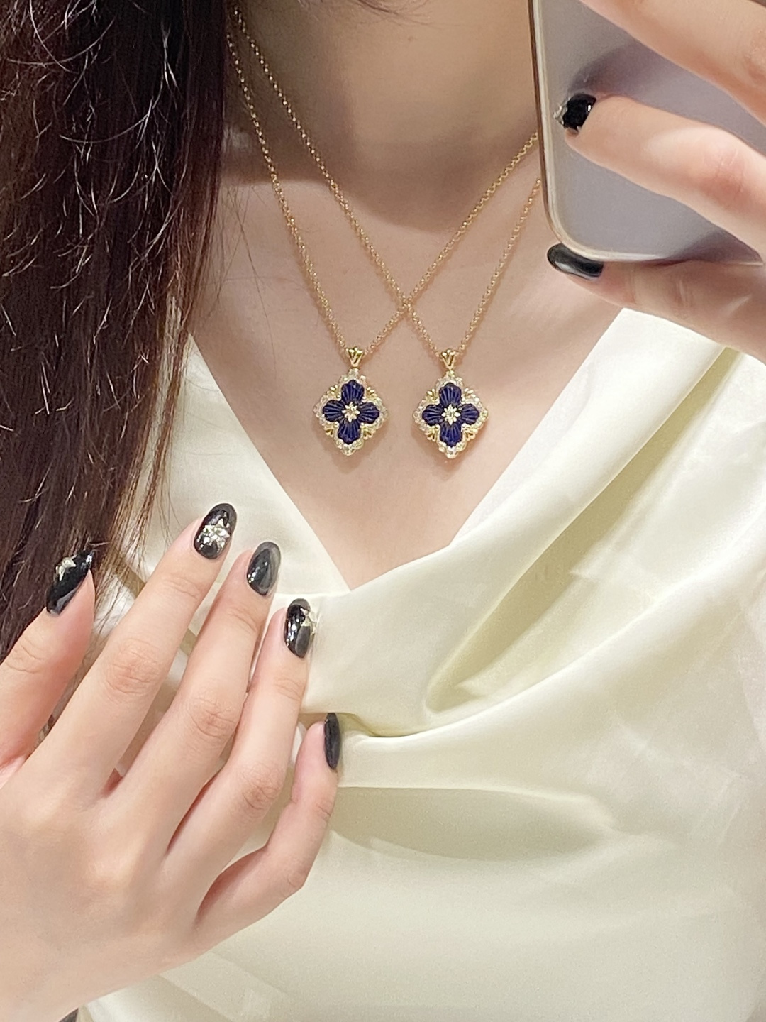 Boucheron Blue Enamel Half-Diamond Single Flower Necklace