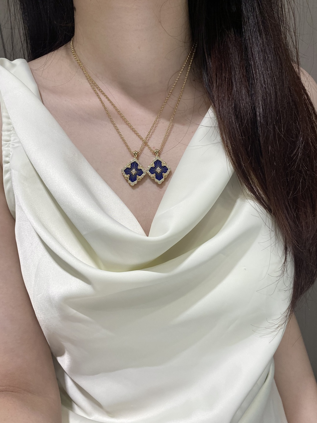 Boucheron Blue Enamel Half-Diamond Single Flower Necklace